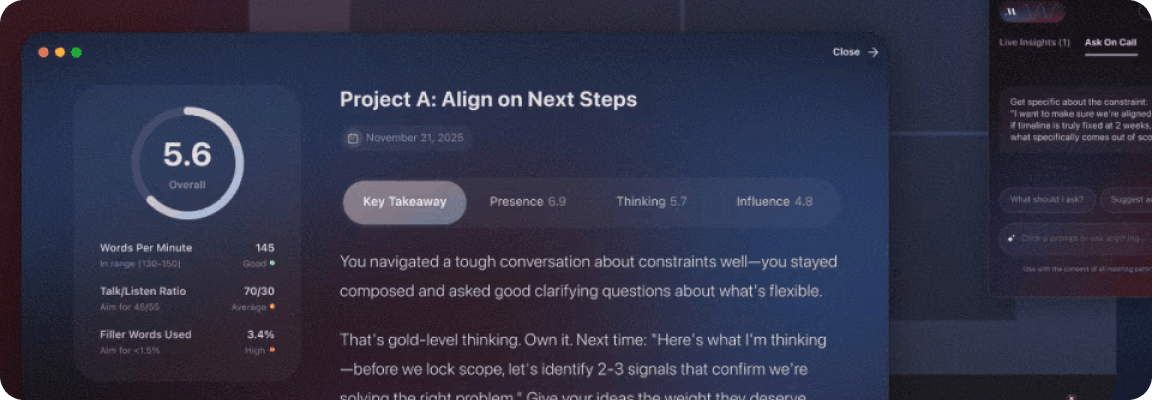 MasterClass Coach app showing a call with next-steps guidance