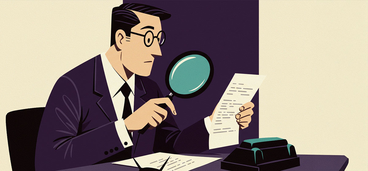 a person scrutinizing documents with a magnifying glass
