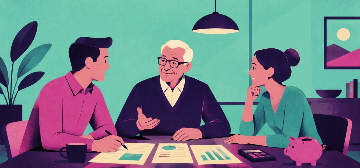 a family talking finances around the dinner table