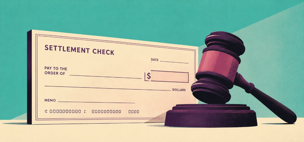 a giant settlement check next to a giant gavel