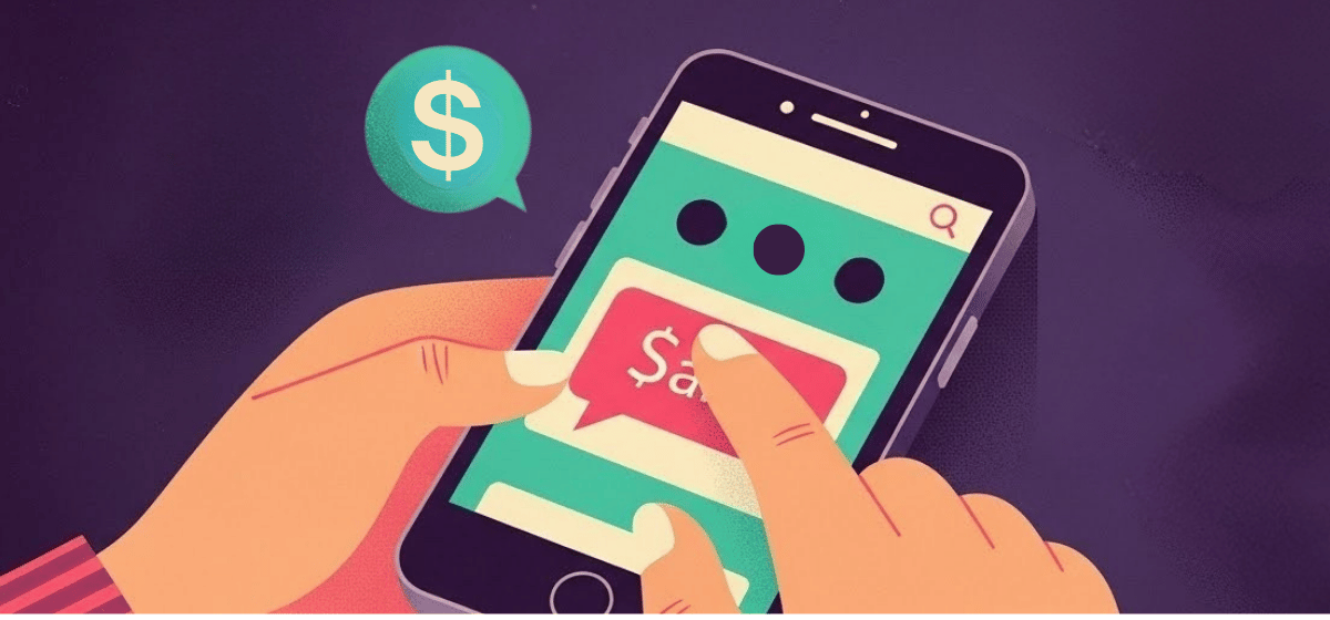 An illustration of the closeup of a person's hands using a mobile phone to shop online