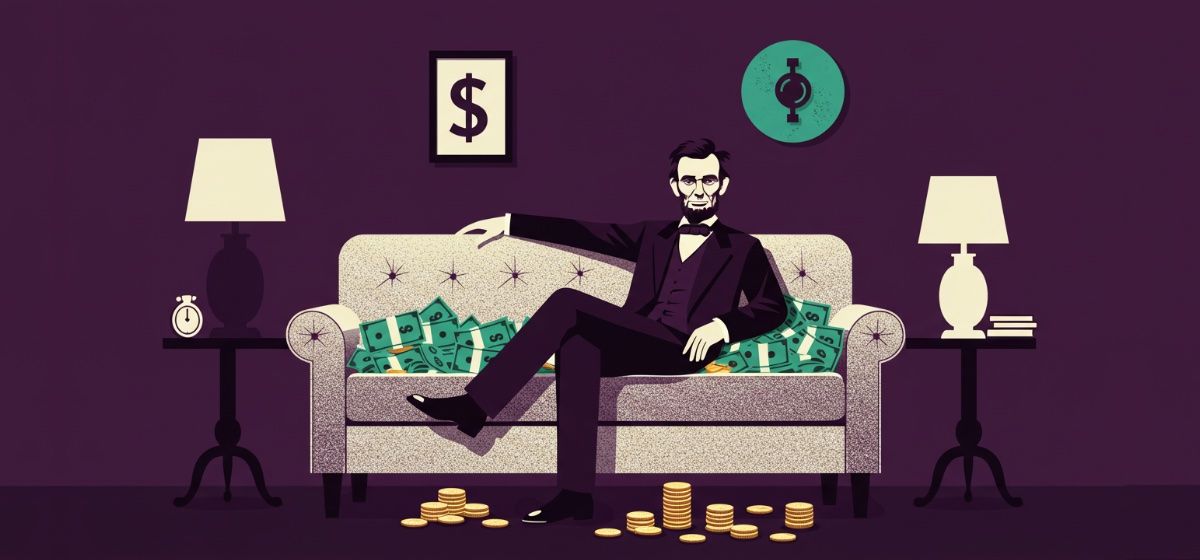 An illustration of Abraham Lincoln lounging on a sofa surrounded by piles of money
