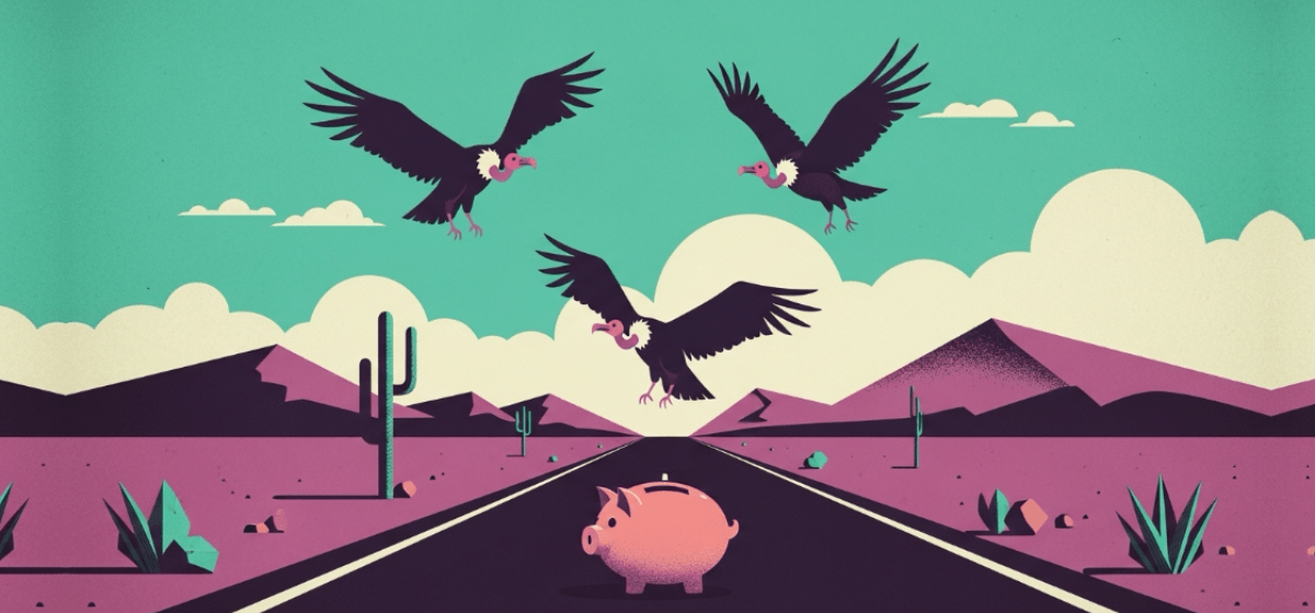 three vultures circling above a piggy bank on a desert road
