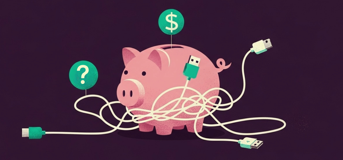 An illustration of a piggy bank tangled up in USB cords