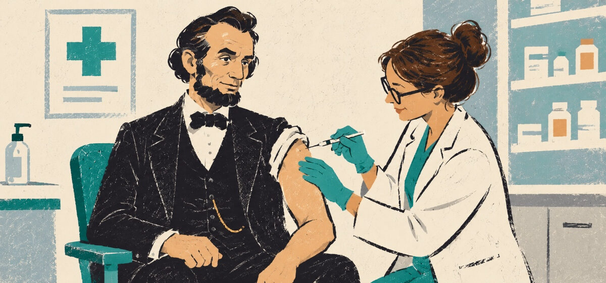 Abe Lincoln getting a flu shot at the pharmacy