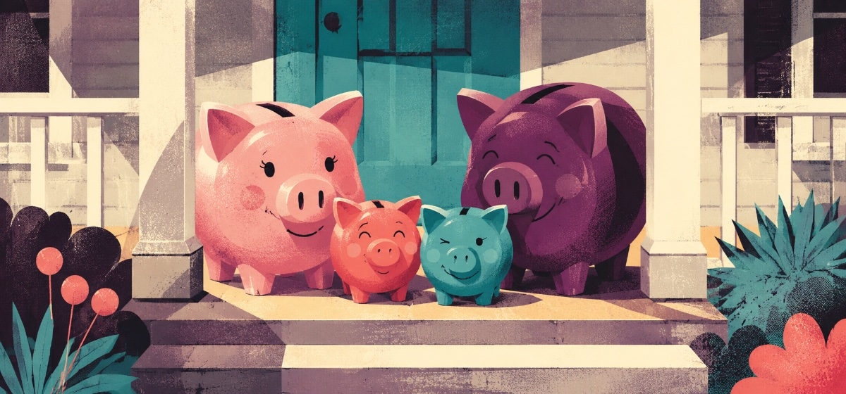 a happy family of piggy banks
