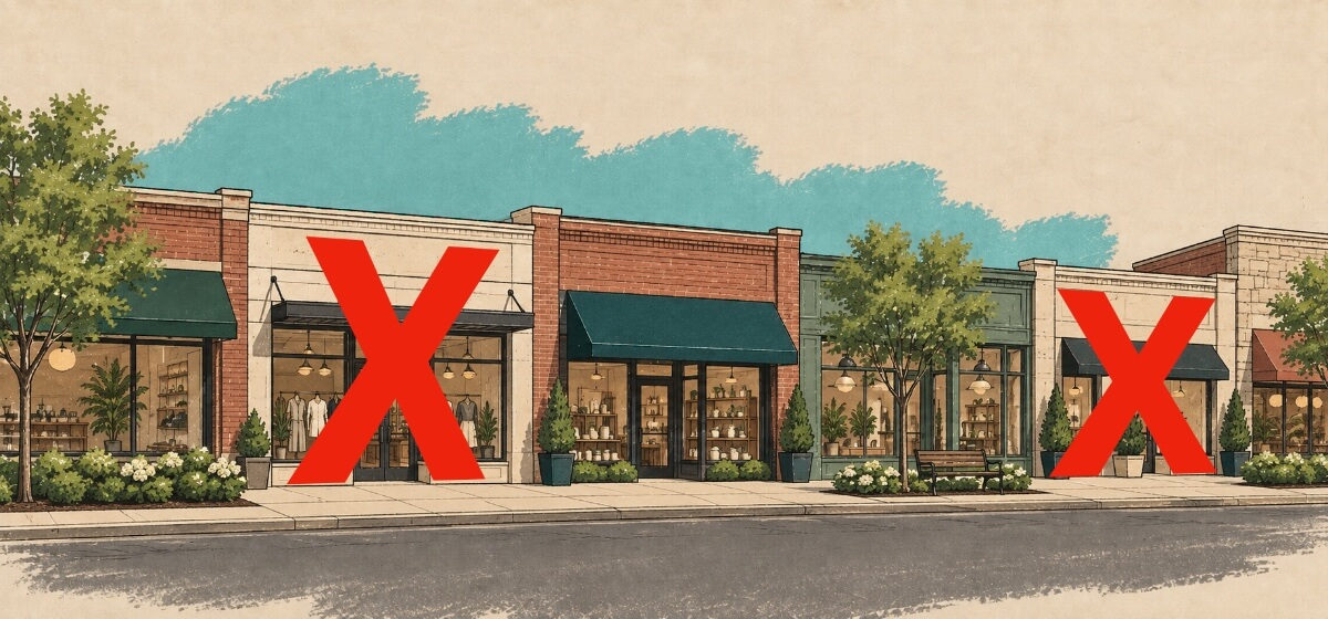 a row of retail stores with some crossed out with red Xes