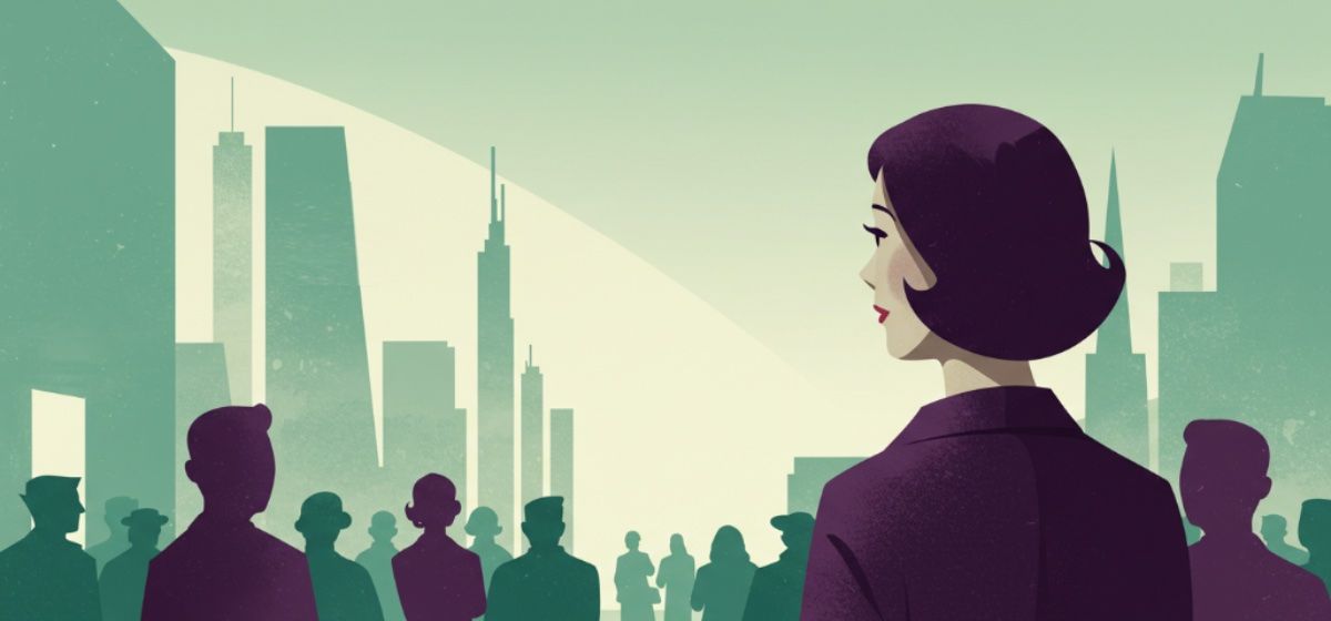 a woman standing back, watching people flow into the office