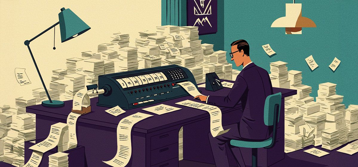 An illustration of a man working at a desk surrounded by piles and piles of bills