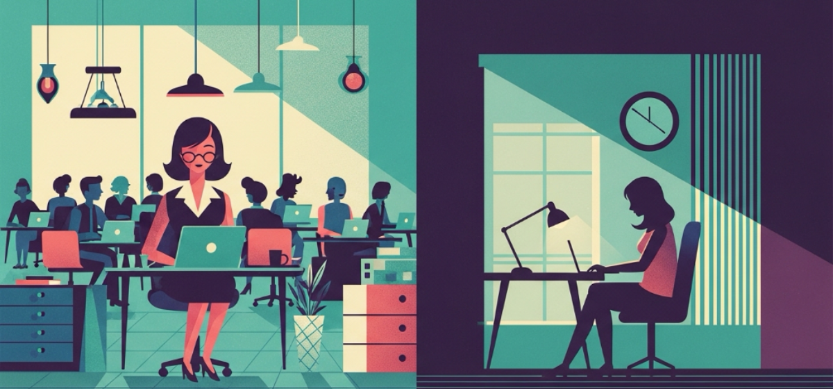 a woman working in an office on one side of a split screen, and working at home on the other