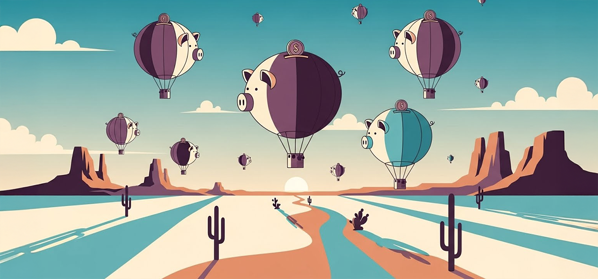 Many piggy bank hot air balloons flying with a view of the horizon behind them