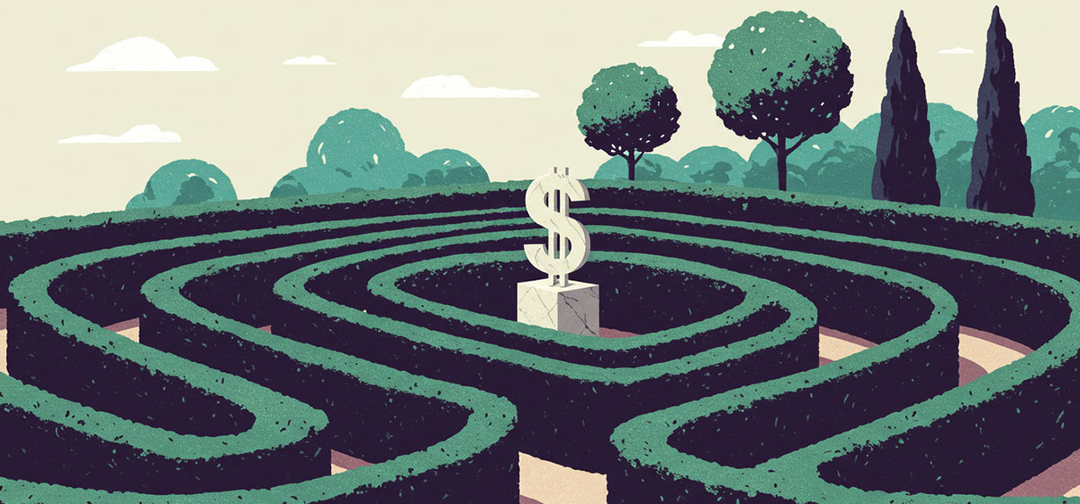 a statue of money at the center of a garden maze