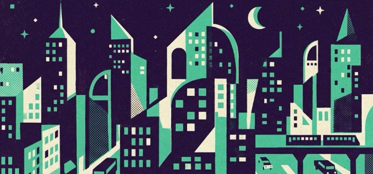 a midcentury illustration of a city at night