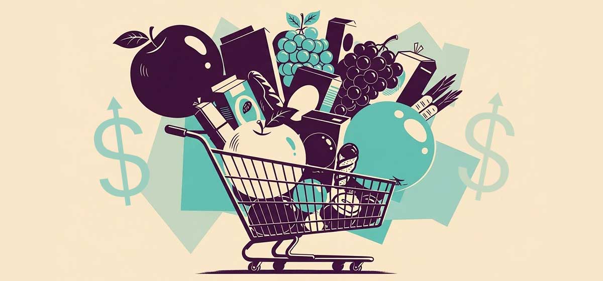 Illustration of a grocery cart full of groceries (exaggerated in size)