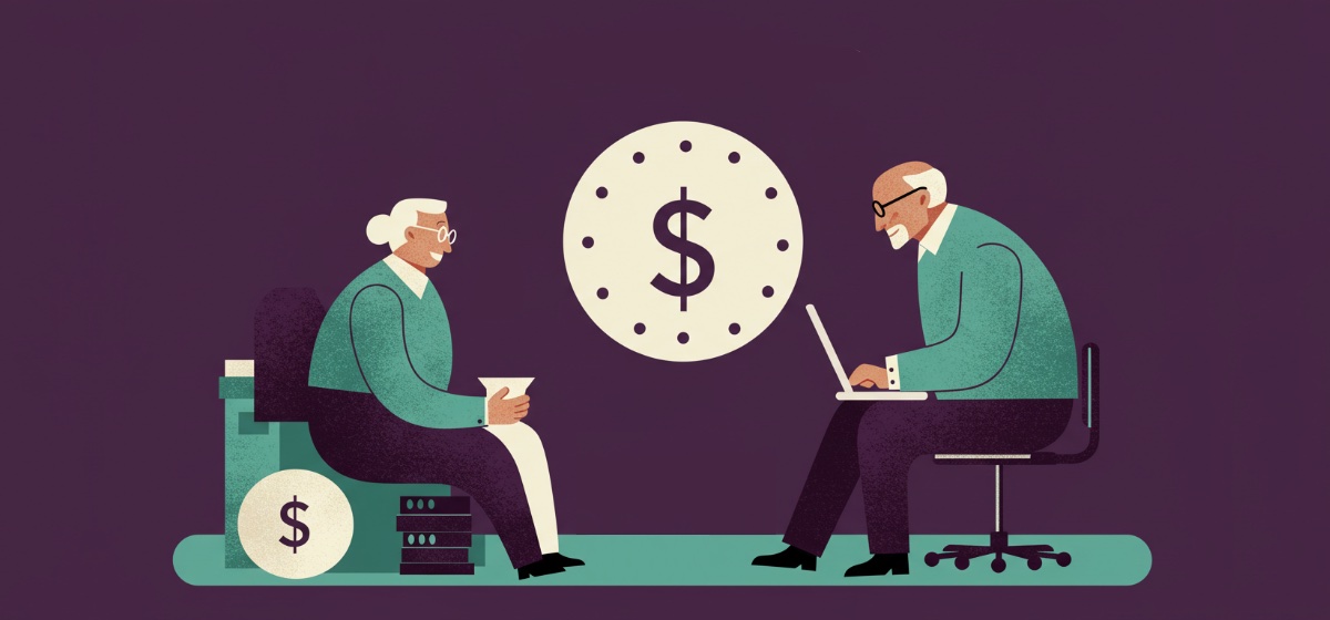 A senior couple sitting in chairs facing each other with a wall clock featuring a dollar sign between them