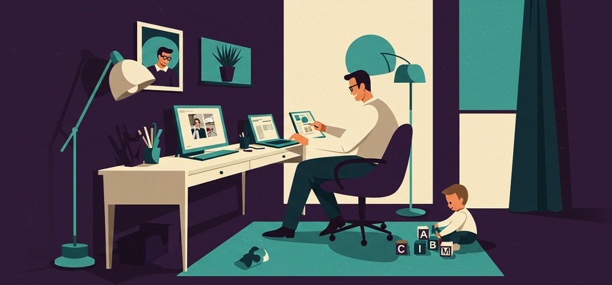 An illustration of a man working at a desk with a child playing on the floor nearby