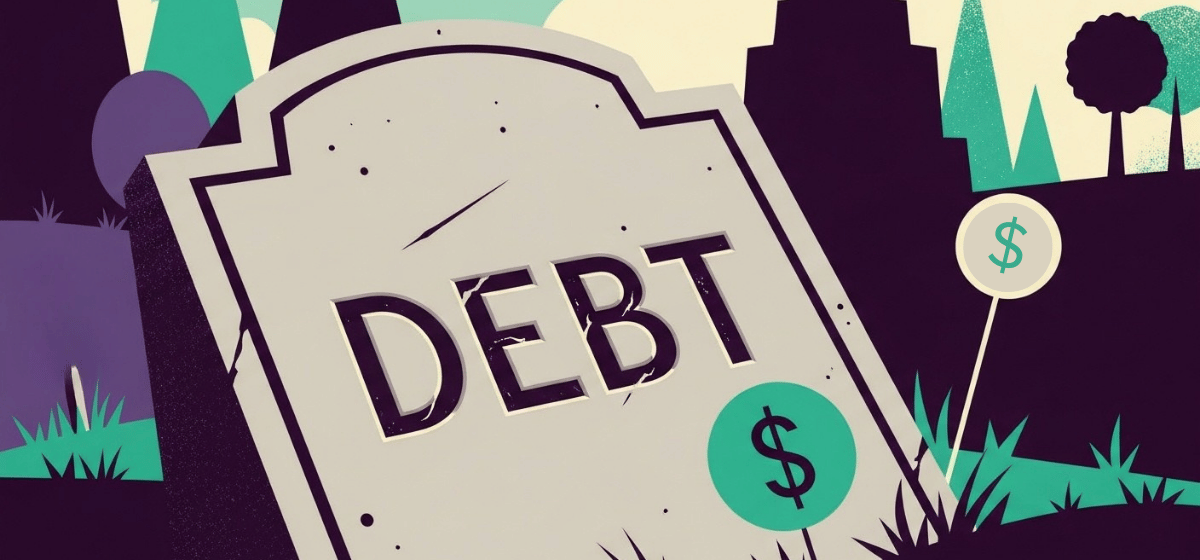 a gravestone with the word DEBT on it