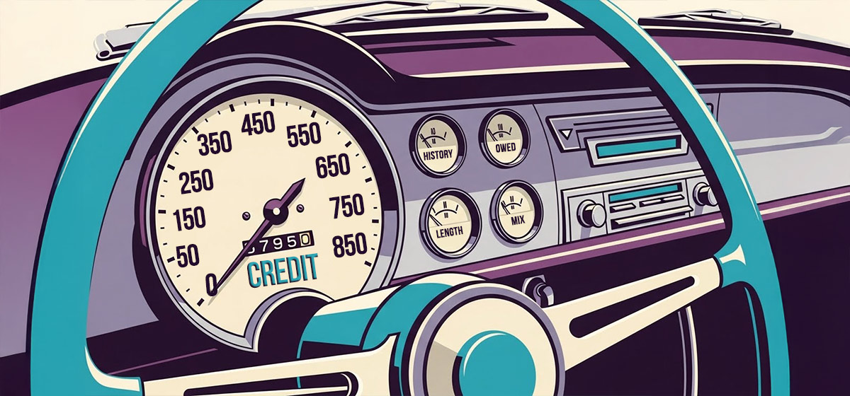 A speedometer in a car showing credit score numbers