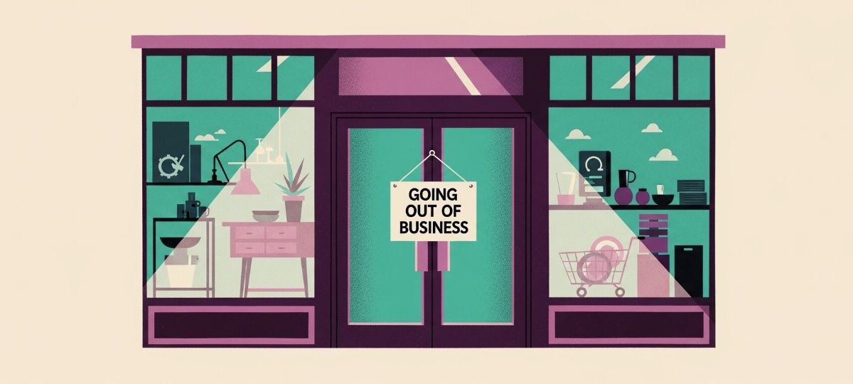 a store with a going out of business sign in the window