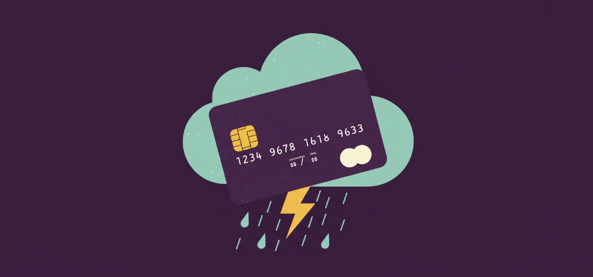 A credit card with a storm cloud and lightning bolt behind it