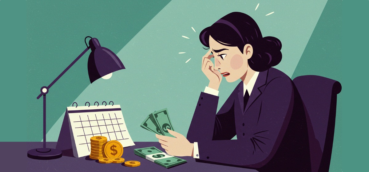 A woman sitting at a desk counting money