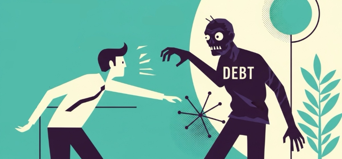 A man fighting a zombie with the word 