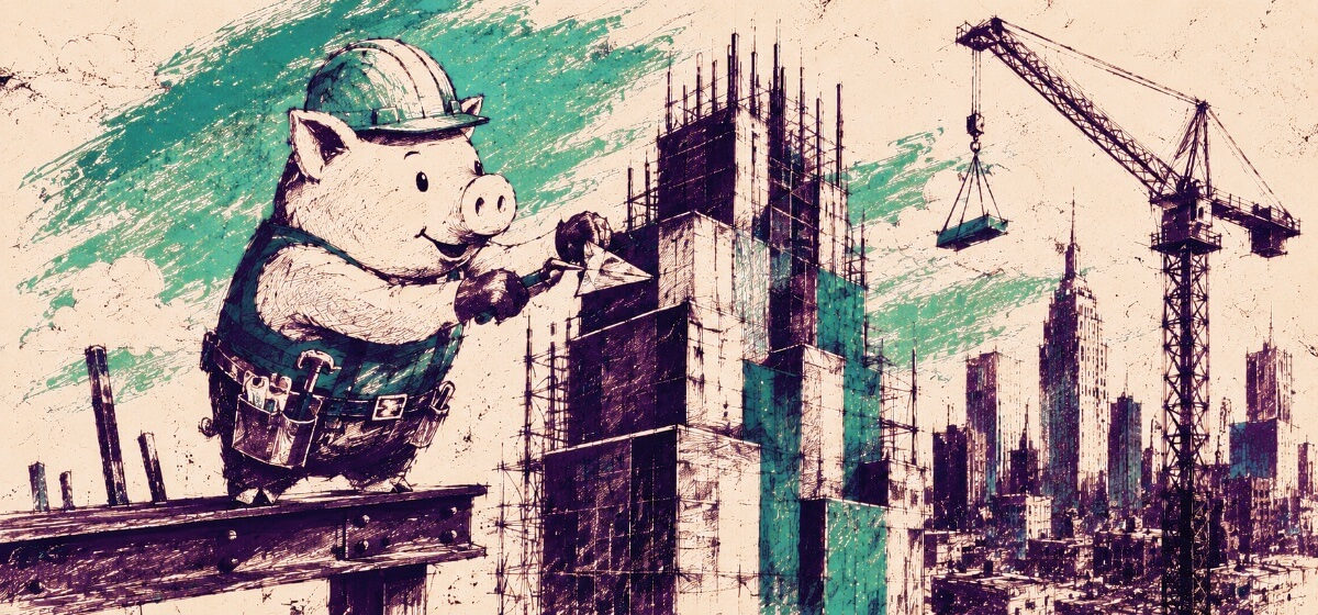 a piggy bank building a skyscraper