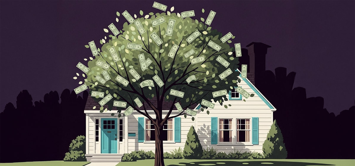 A money tree in front of a house