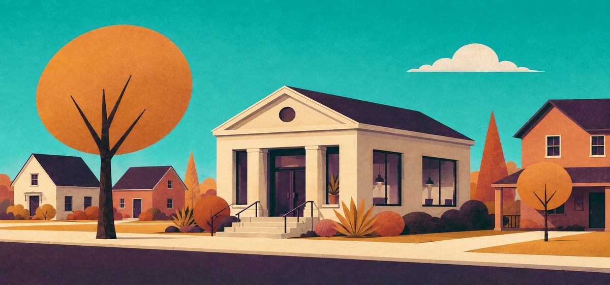a small, neighborhood bank in autumn