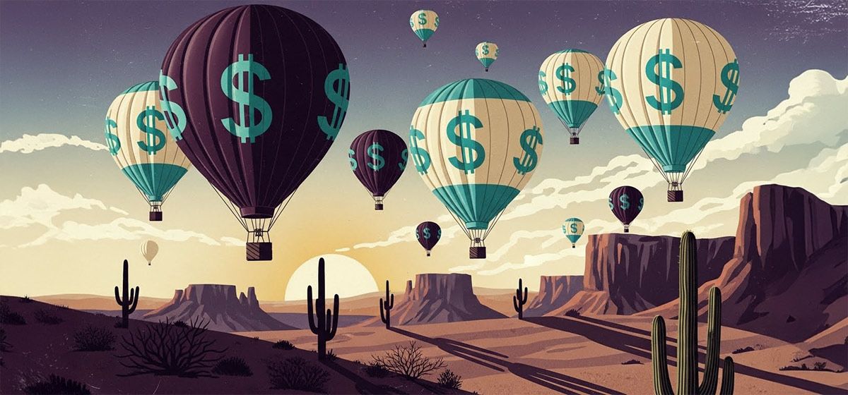 An illustration of multiple hot air balloons with a dollar sign on each of them in the air with a desert horizon behind them