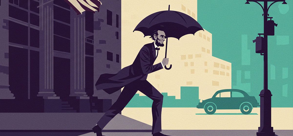 Abe Lincoln weathering a storm with an umbrella