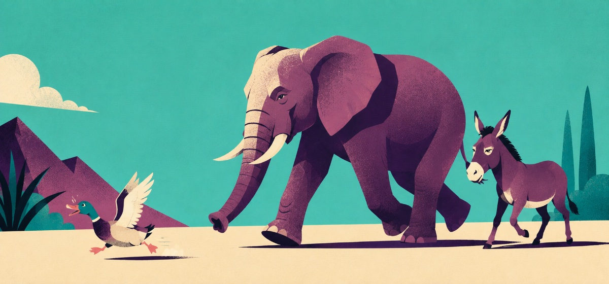 an elephant and a donkey chasing a duck