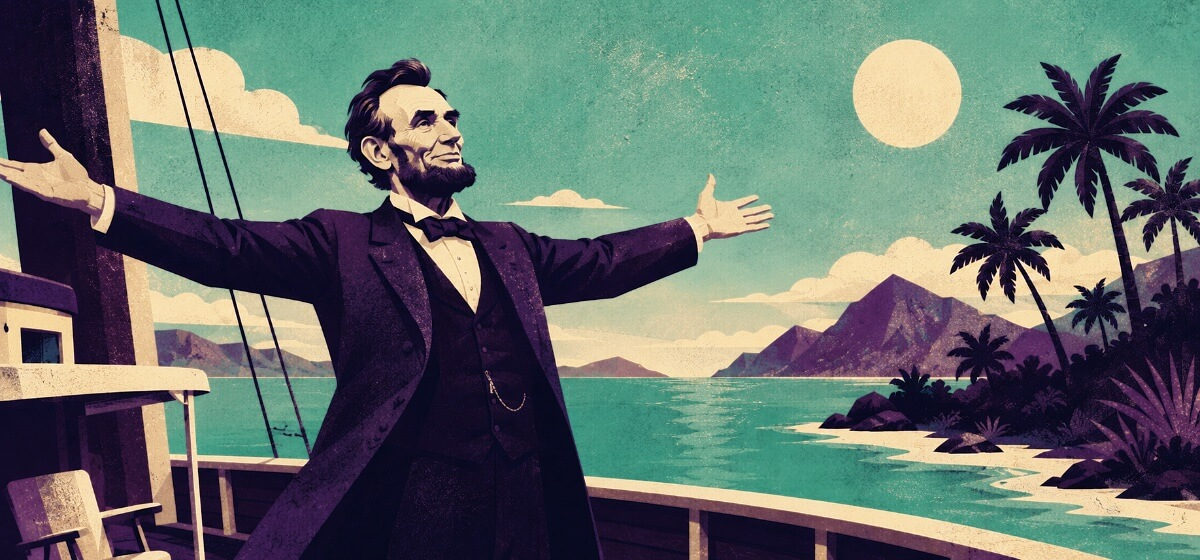 Abe Lincoln on a boat in a tropical paradise
