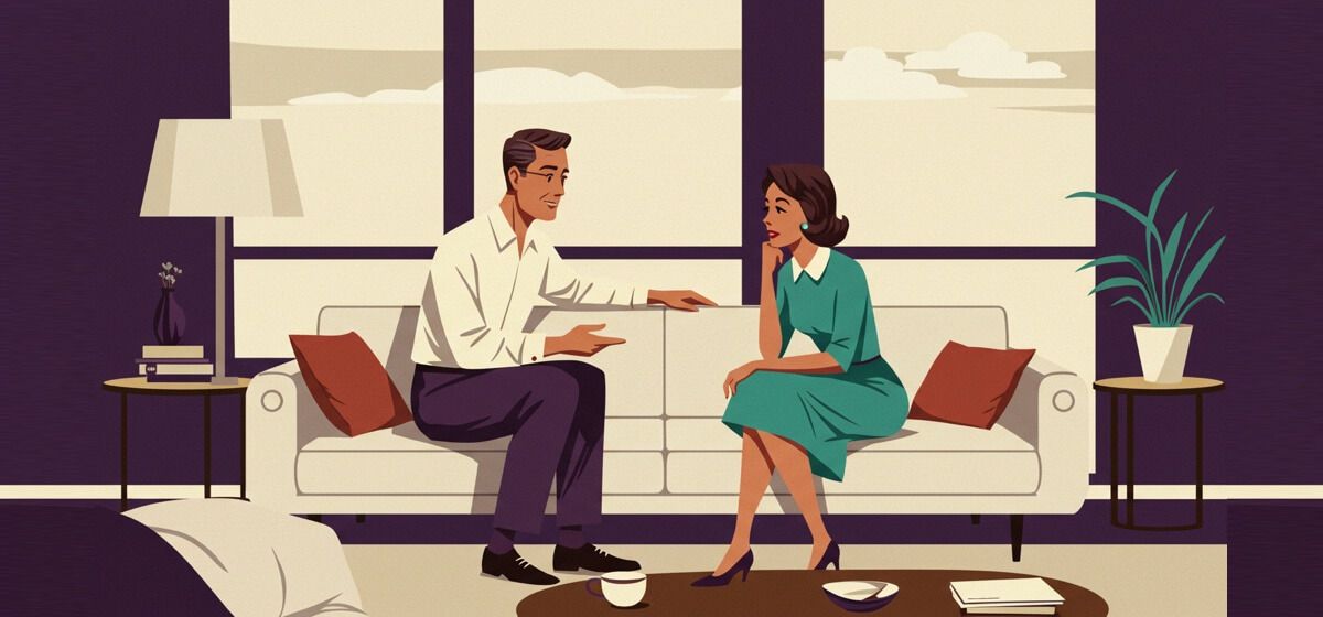 An illustration of a man and a woman sitting on a couch and having a discussion