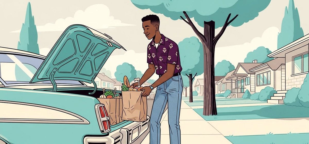 An illustration of a man removing groceries from the trunk of a car