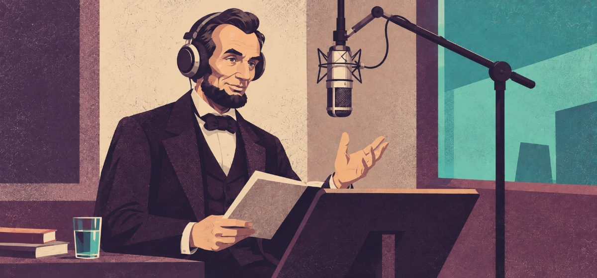 Abe Lincoln wearing studio headphones and speaking into a mic