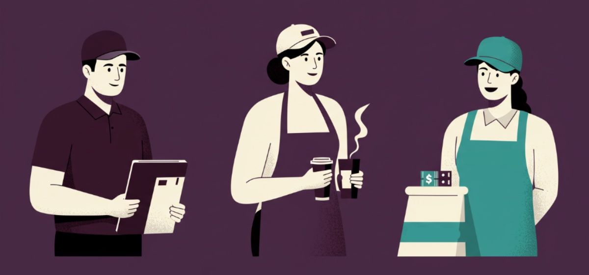 three part-time workers: a delivery driver, a food service worker, and a customer service associate 
