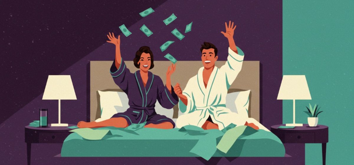 An illustration of a couple sitting on a bed and throwing dollar bills into the air