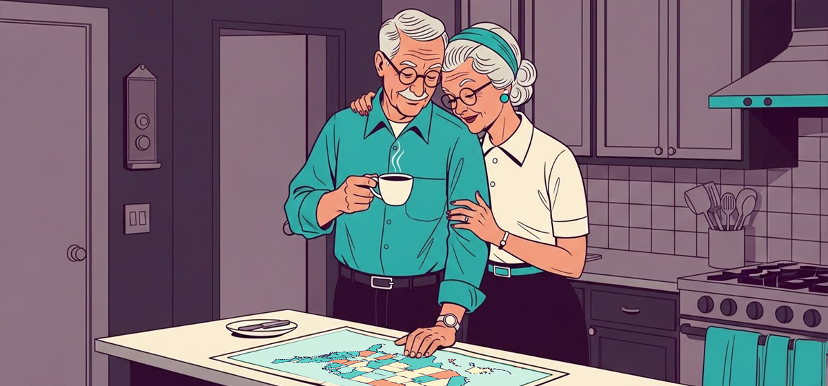 an elderly couple in the kitchen together