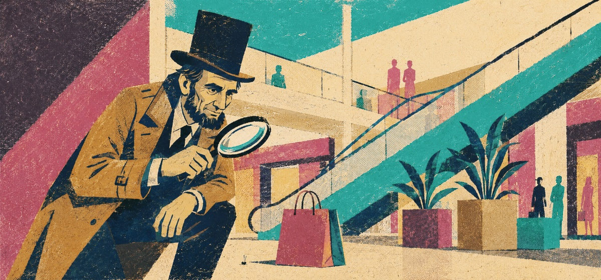 Abe Lincoln, mystery shopper, using a magnifying glass to inspect clues in a shopping mall