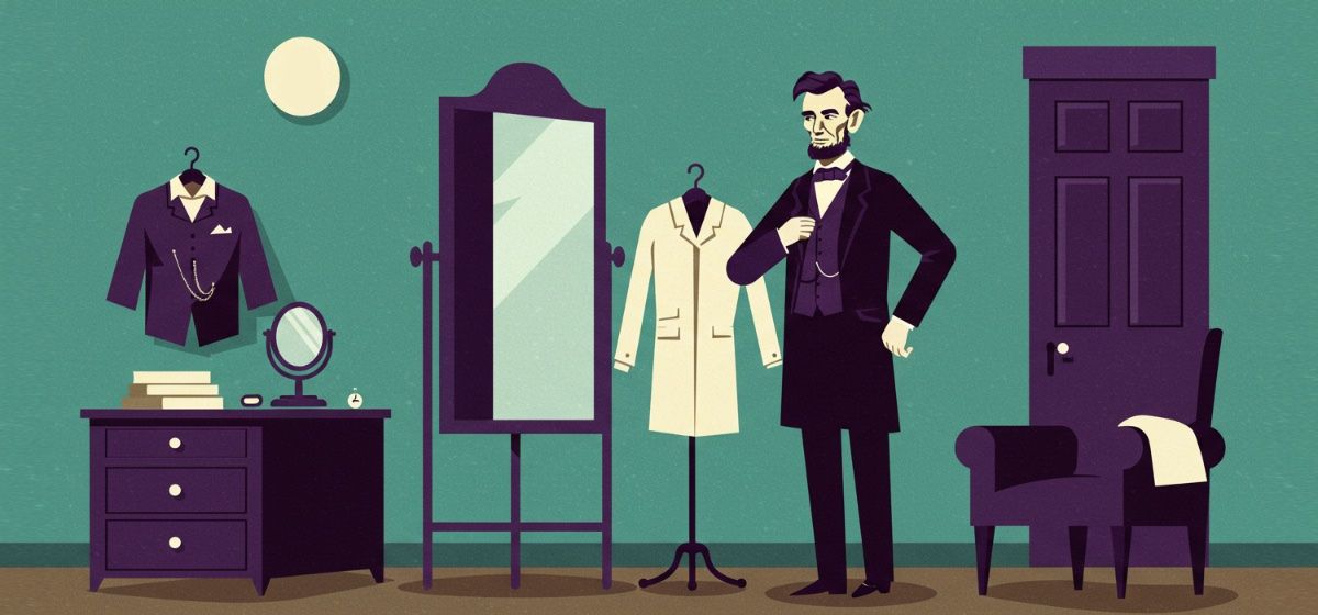An illustration of Abraham Lincoln standing in front of a mirror