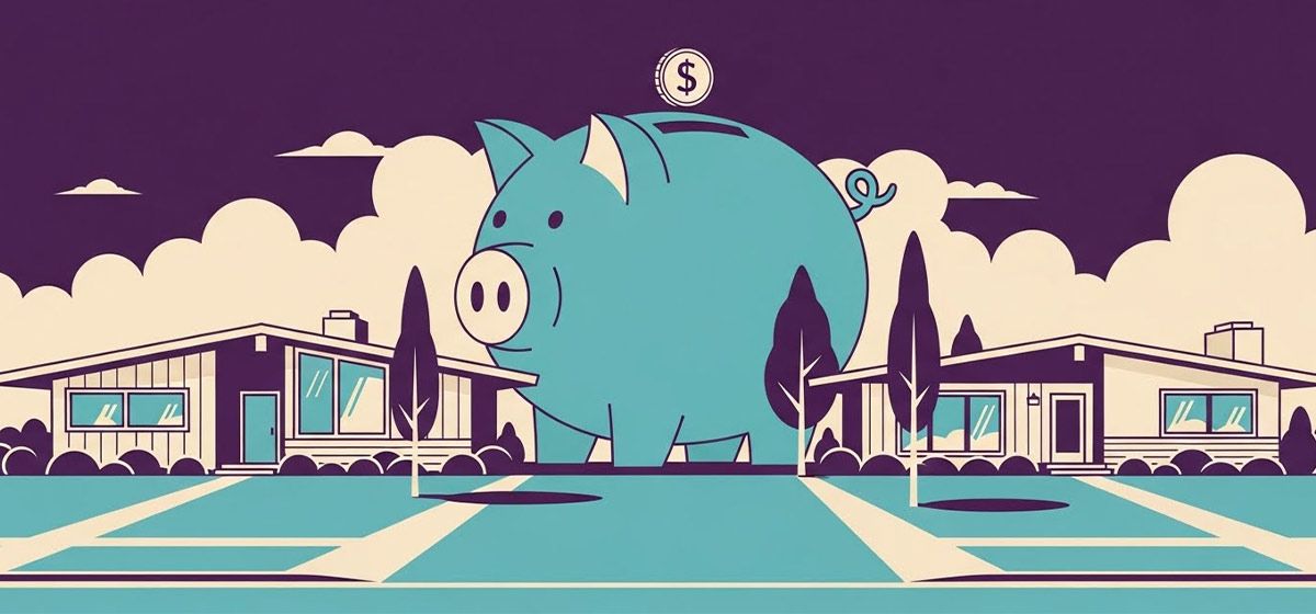An illustration of a large piggy bank towering over homes in a neighborhood