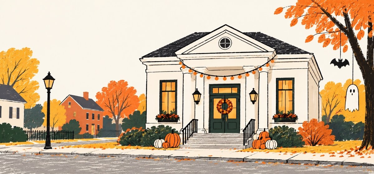 a neighborhood bank decorated for Halloween