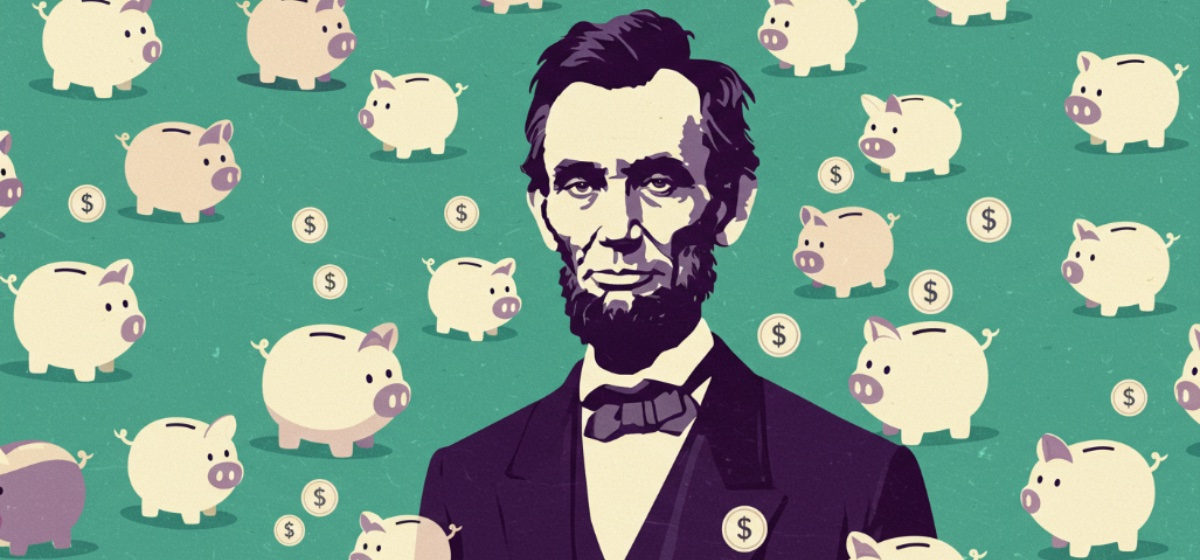 Abe Lincoln surrounded by piggy banks