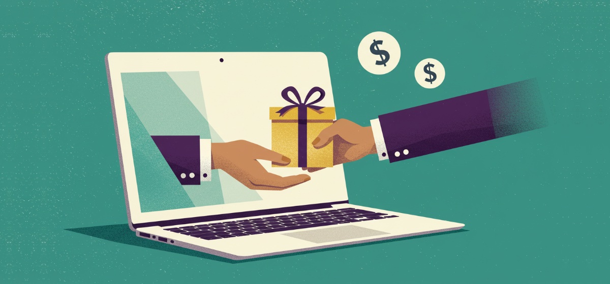 A hand reaching out of a laptop screen to give a gift to someone