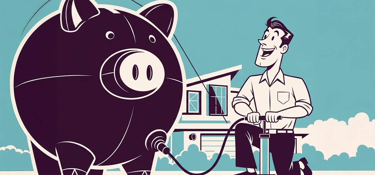 An illustration of a man pumping air into an inflatable piggy bank