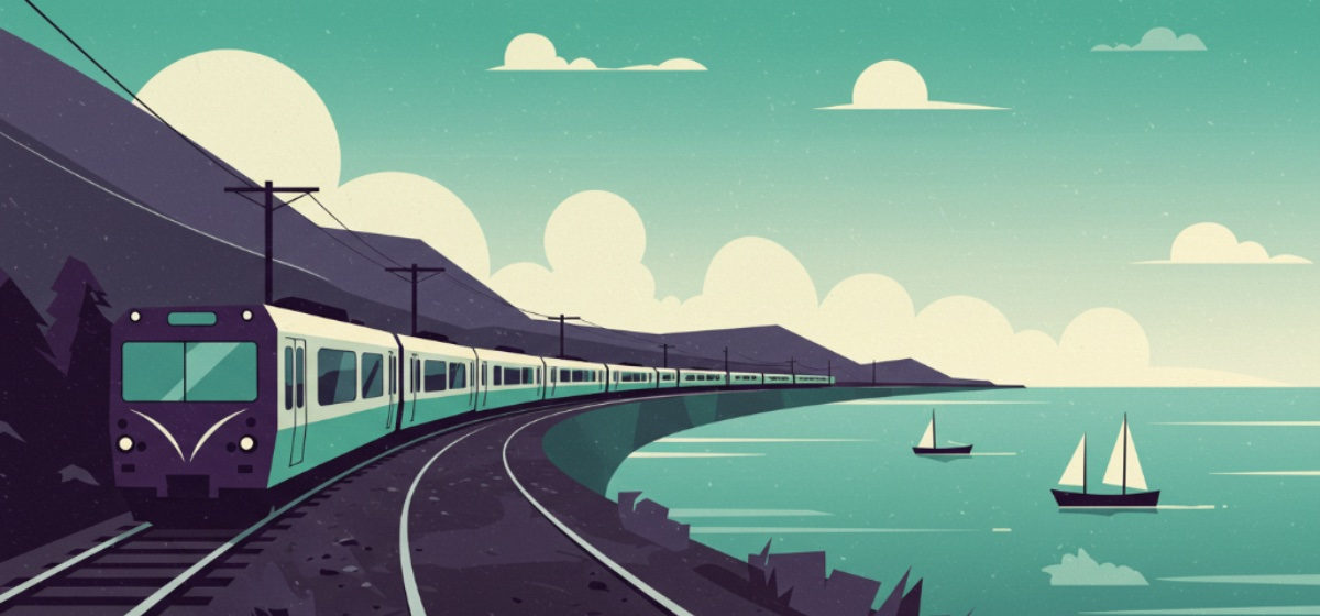 a commuter train rounding a lake with boats