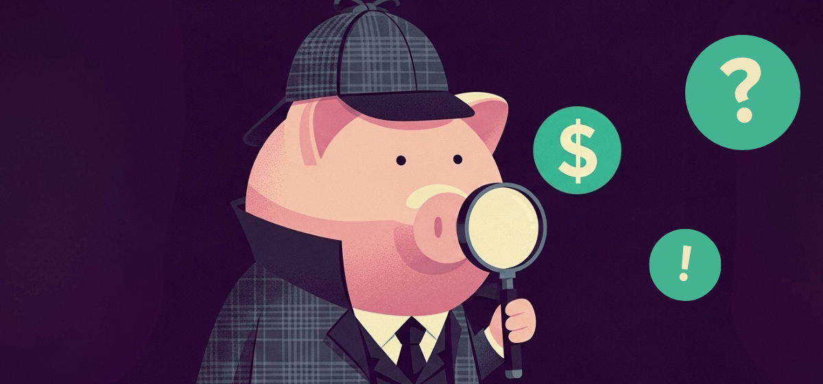 a piggy bank dressed as Sherlock Holmes with a magnifying glass