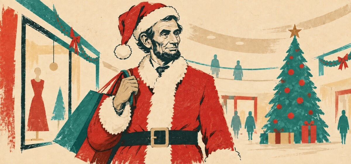 Abe Lincoln working as a mall Santa
