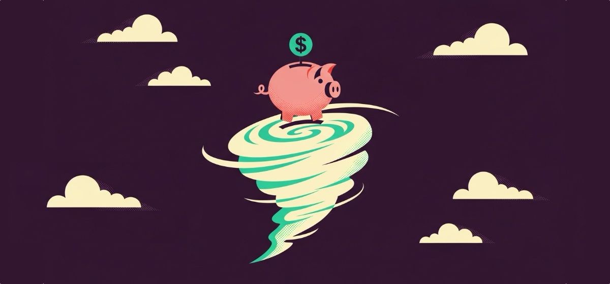 An illustration of a piggy bank caught up in a hurricane